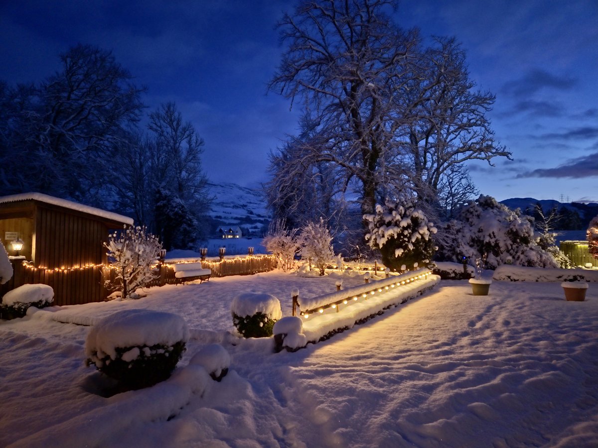 Back garden in snow at Old Convent Holiday Apartments self catering in Fort Augustus near Loch Ness Scotland Back garden in snow at Old Convent Holiday Apartments self catering in Fort Augustus near Loch Ness Scotland